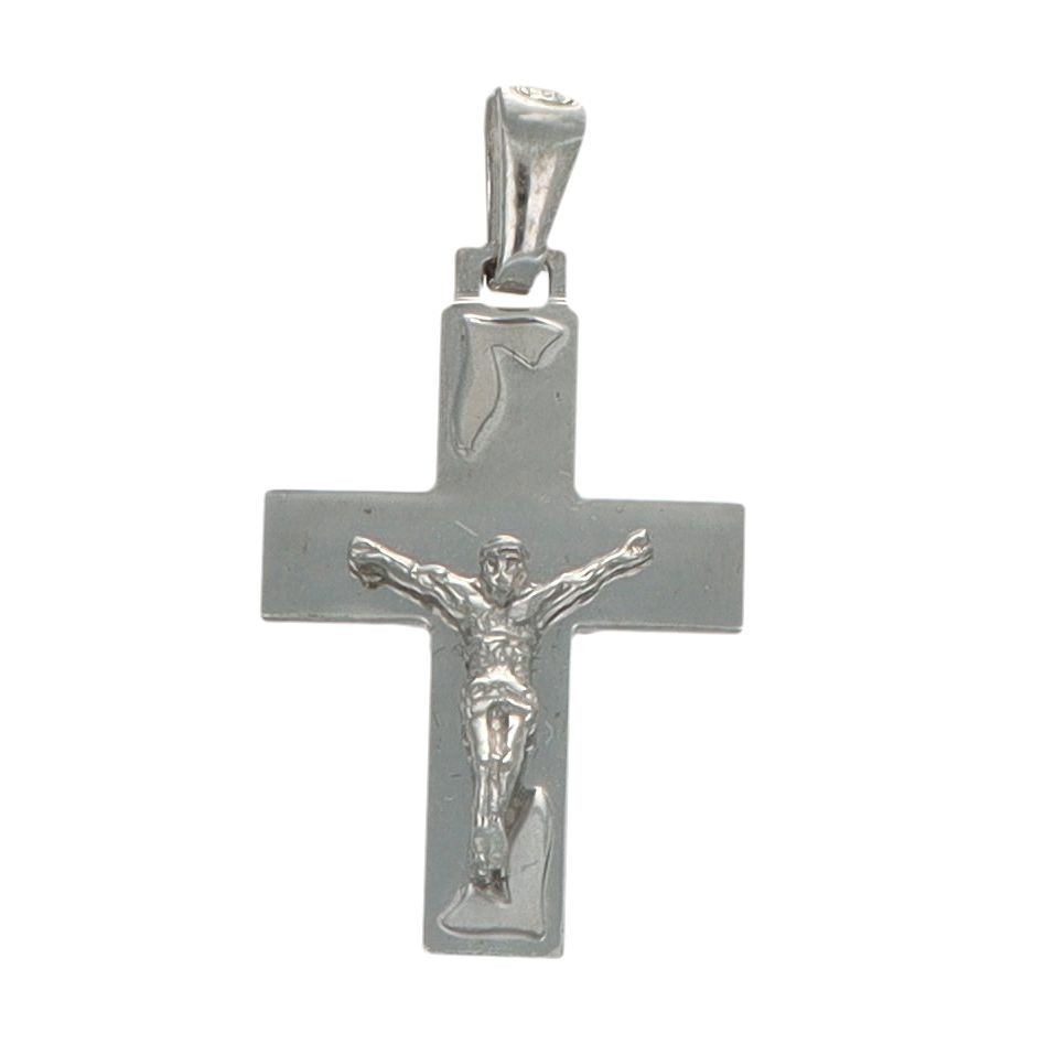 Luca Barra ciondolo con croce piatta liscia minimal in argento 925 e Cristo in rilievo