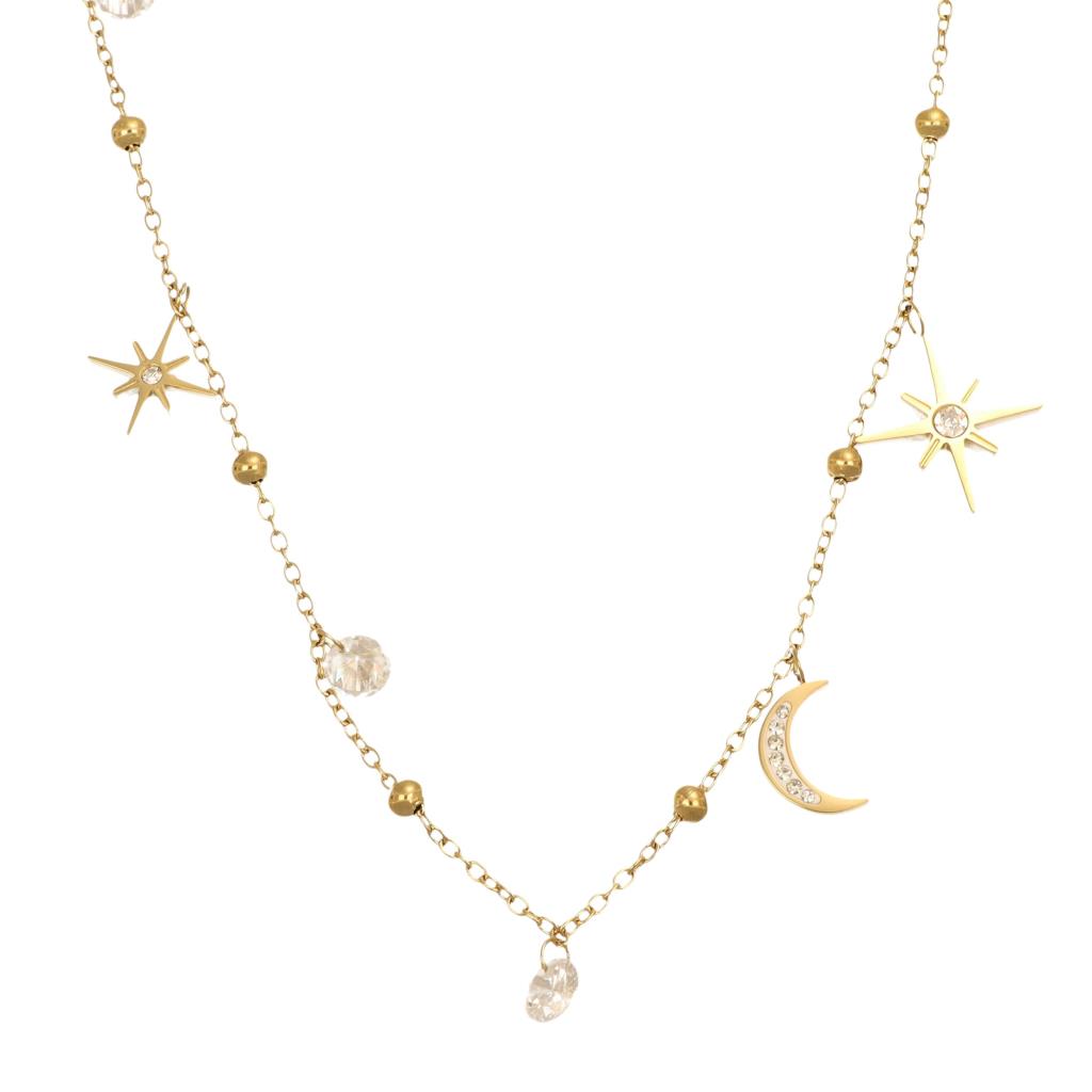 Marlù collana catena con ciondoli luna, stella e cristalli