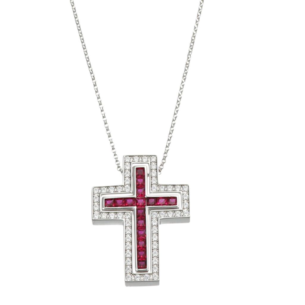 Osa Gioielli Collana catena con croce in argento con zirconi rossi e bianchi