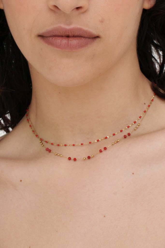 KLK collana dorata con catenina a sfere e pietre naturali rosse - Image 2