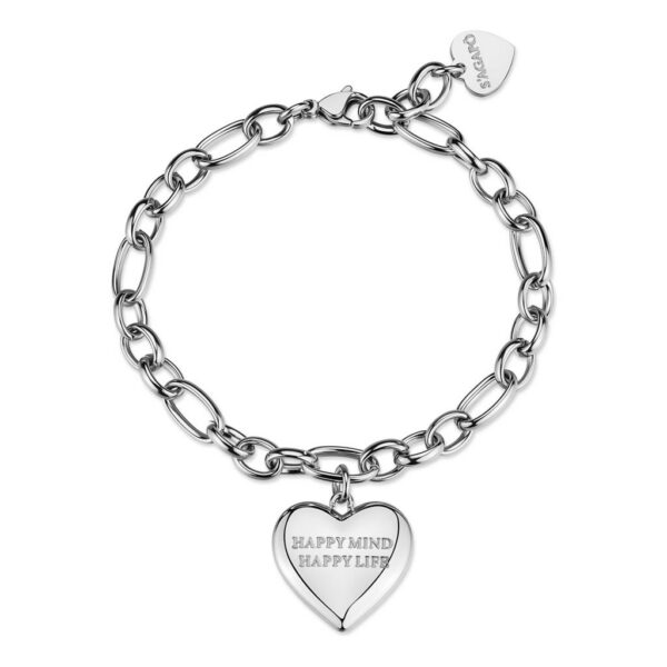 Sagapò bracciale catena a maglie ovali con ciondolo a cuore inciso "Happy mind happy life"