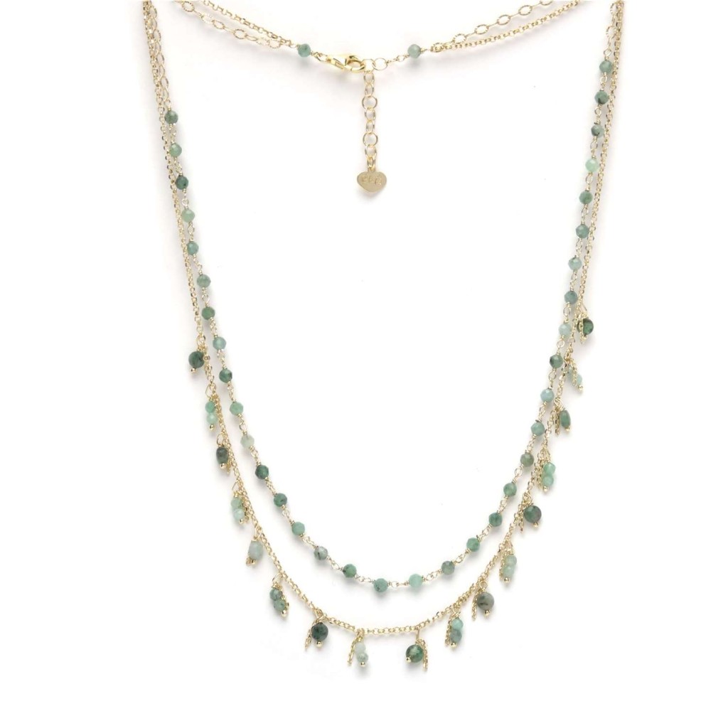 IO & TE Collana multifilo in argento 925 placcato oro 23kt con cristalli verde smeraldo