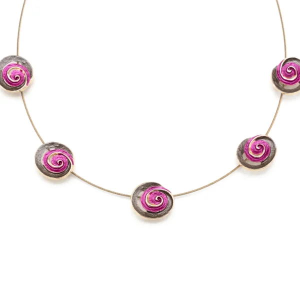 KLK collana filiacciaio in zama con elementi tondi bicolore e spirale fucsia