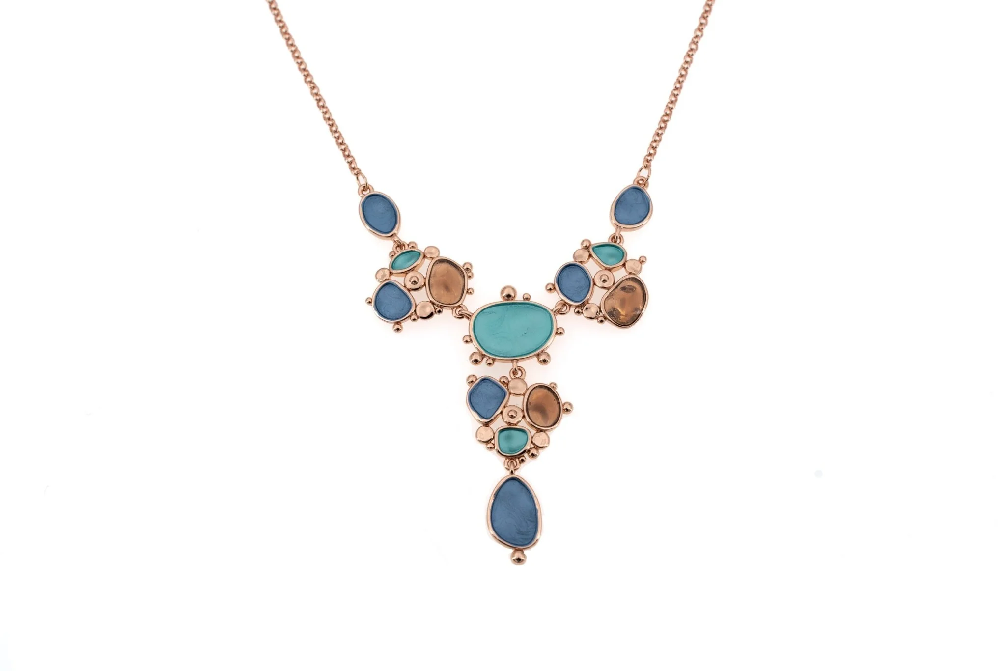 KLK collana a catena ad Y in zama con finitura oro rosa con pendente a cascata e inserti cabochon turchesi, blu e marroni