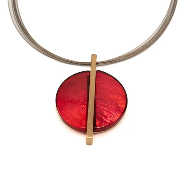 KLK collana in zama con pendente tondo rosso e barra verticale dorata
