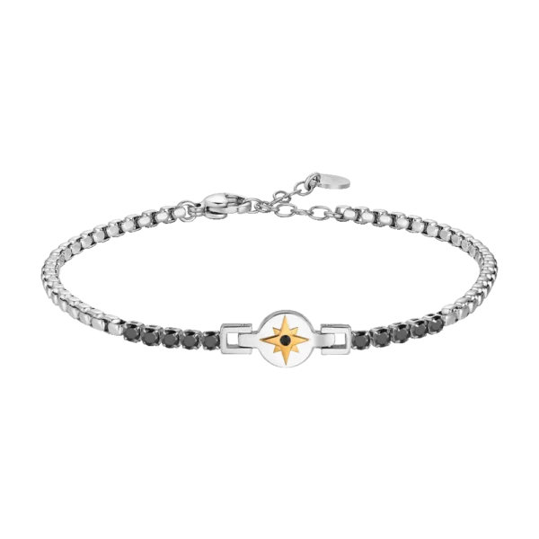 Luca Barra Bracciale tennis con zirconi neri e rosa dei venti colore acciaio