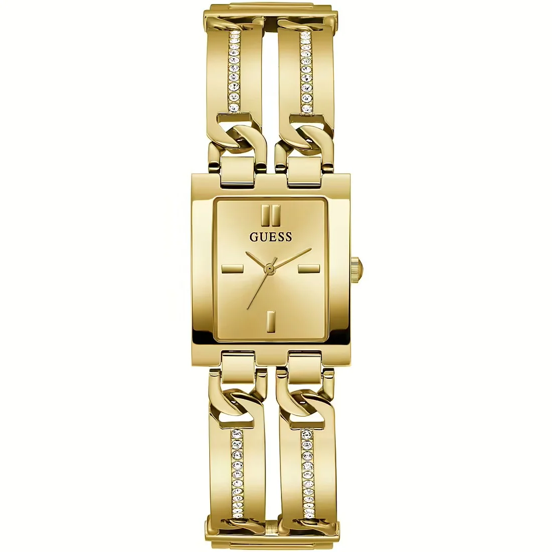 GUESS Orologio acciaio dorato al quarzo Mod quadrante rettangolare con cristalli bianchi