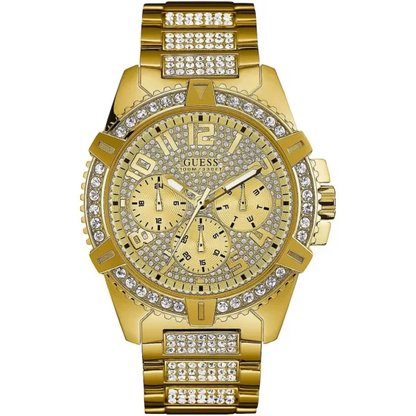 GUESS Orologio a zirconi bianchi quadrante dorato cinturino dorato 48 mm