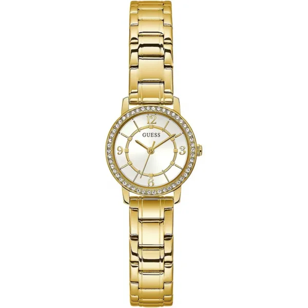 GUESS Orologio al quarzo con zirconi a quadrante bianco e cinturino dorato 28 mm