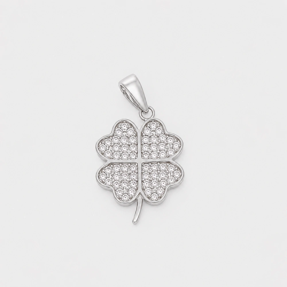 GDG Jewels ciondolo quadrifoglio in oro bianco con zirconi bianchi