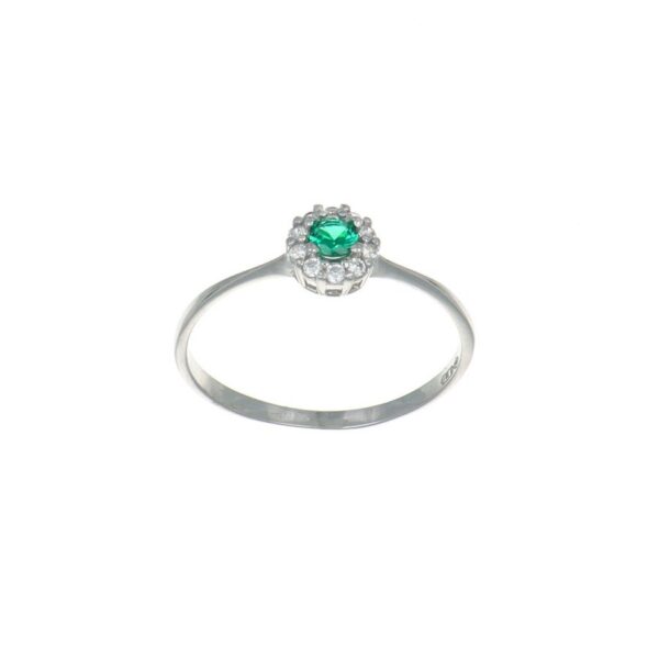Facco Anello in oro bianco con  zircone verde smeraldo e bianchi