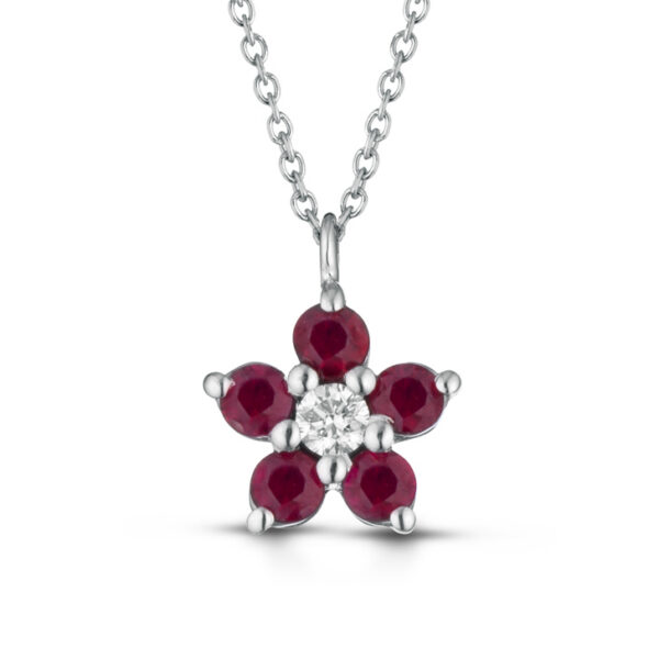 GDG Jewels collana in oro bianco 750 con pendente a fiore rubini e diamanti