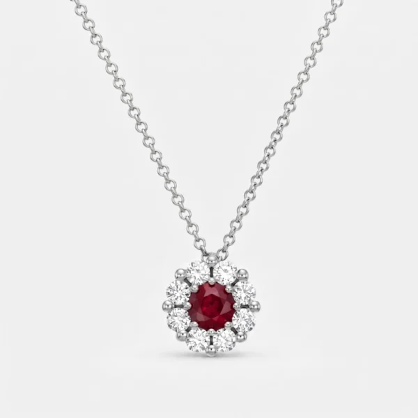 Collana oro bianco con ciondolo rubino naturale e diamanti majeste