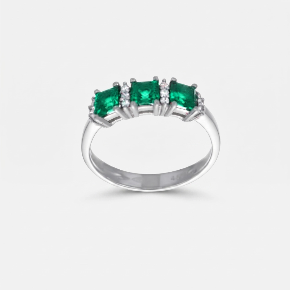 GDG Jewels anello trilogy in oro bianco con zirconi verdi e bianchi