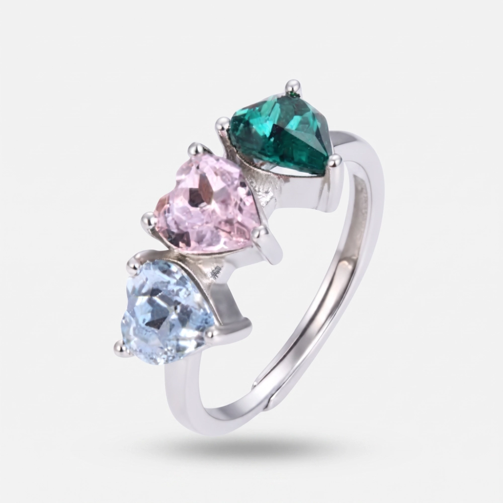GDG jewels anello trilogy con cuori in argento con zirconi celesti, rosa e verdi.