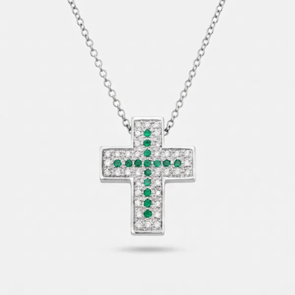 Collana oro bianco con ciondolo croce con diamanti e smeraldi majeste