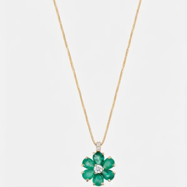 Dalù Collana veneziana con pendente fiore in oro giallo diamanti ct 0.08 e smeraldo ct 0.85
