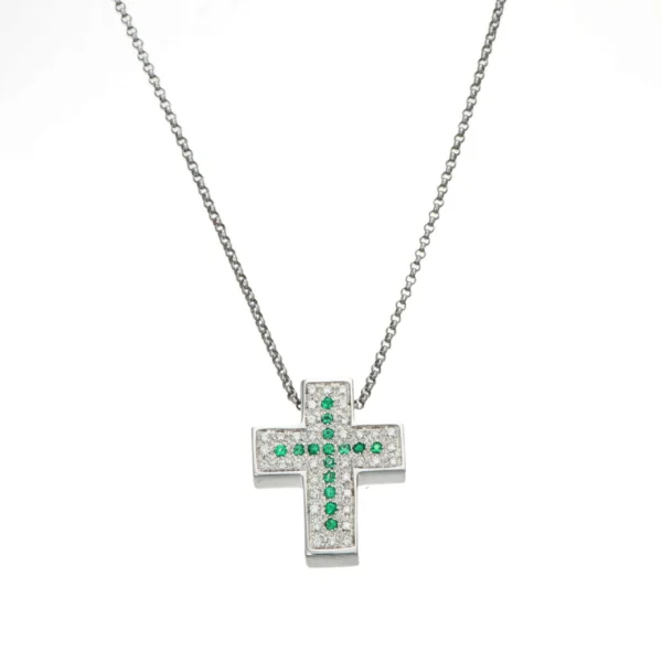Collana oro bianco con ciondolo croce con diamanti e smeraldi majeste