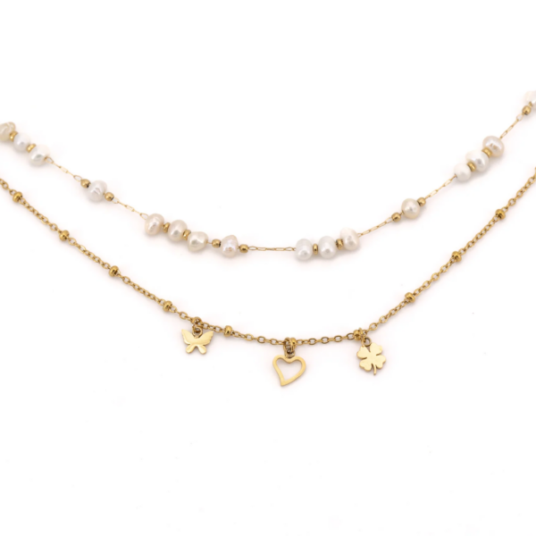 KLK collana dorata con perle bianche e pendenti farfalla, cuore e quadrifoglio