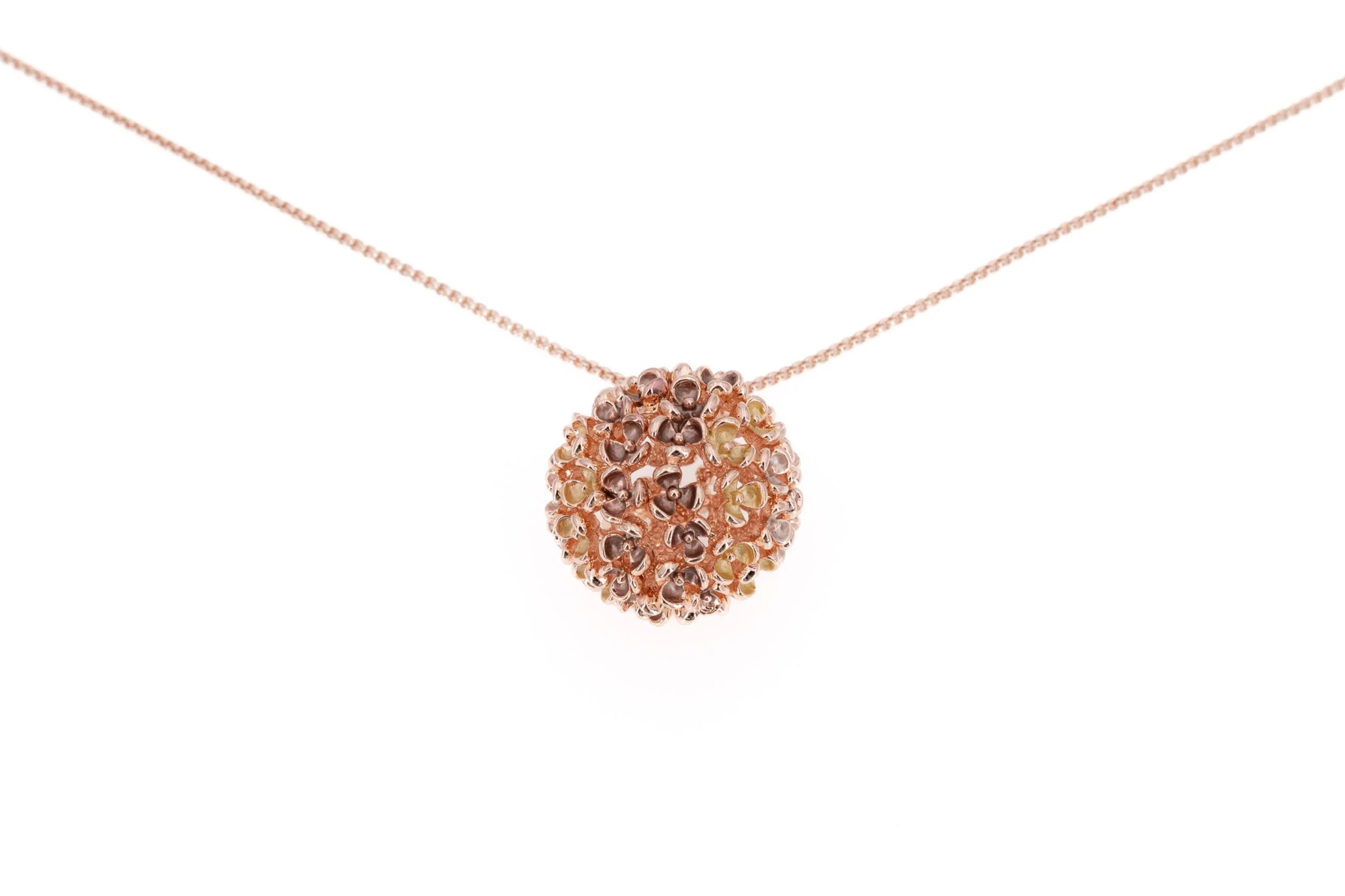 KLK collana lunga regolabile con pendente a sfera e fiorellini dipinti a mano in zama con finitura galvanica in oro rosa