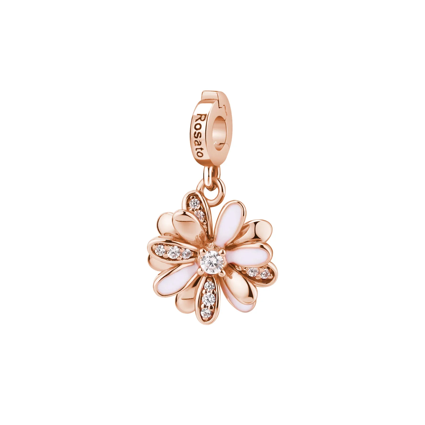 Rosato charm margherita in argento dorato con zirconi e smalto bianco