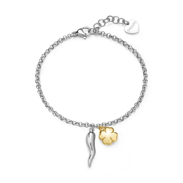 Sagapò bracciale a catena con quadrifoglio e corno da 18,5 cm