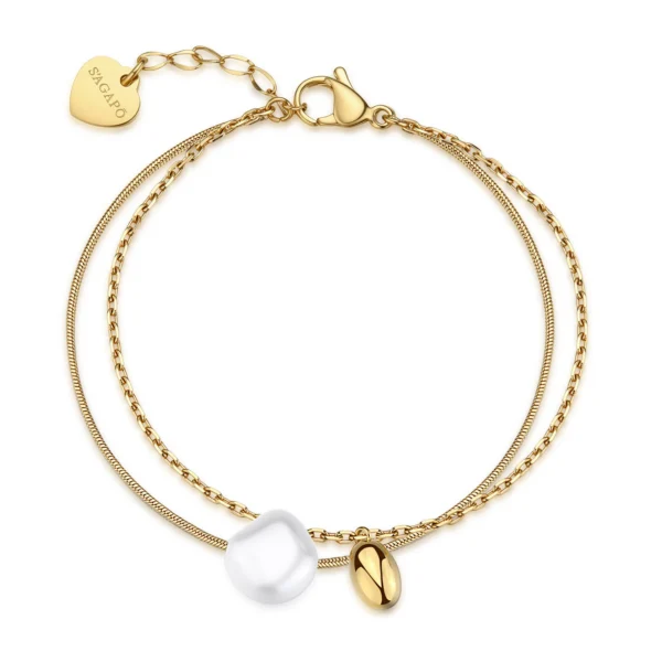 Sagapò bracciale doppio filo con perla dorato da 18,5 cm